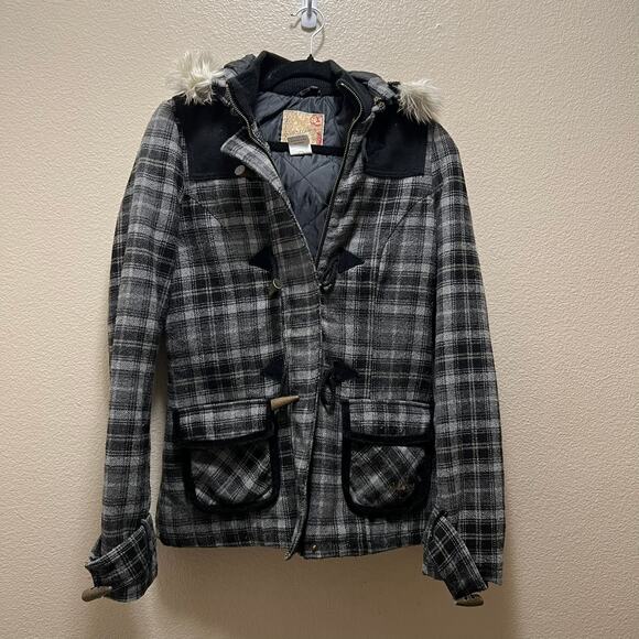 Billabong Coat Black Gray Plaid Wool Blend Faux Fur Hooded Jacket Sz S - Picture 2 of 12